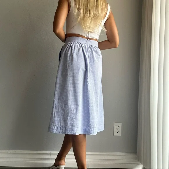 NWOT Mango Gingham 100% Cotton Midi A Line Skirt in Baby Blue w/ Pockets - Picture 3 of 13